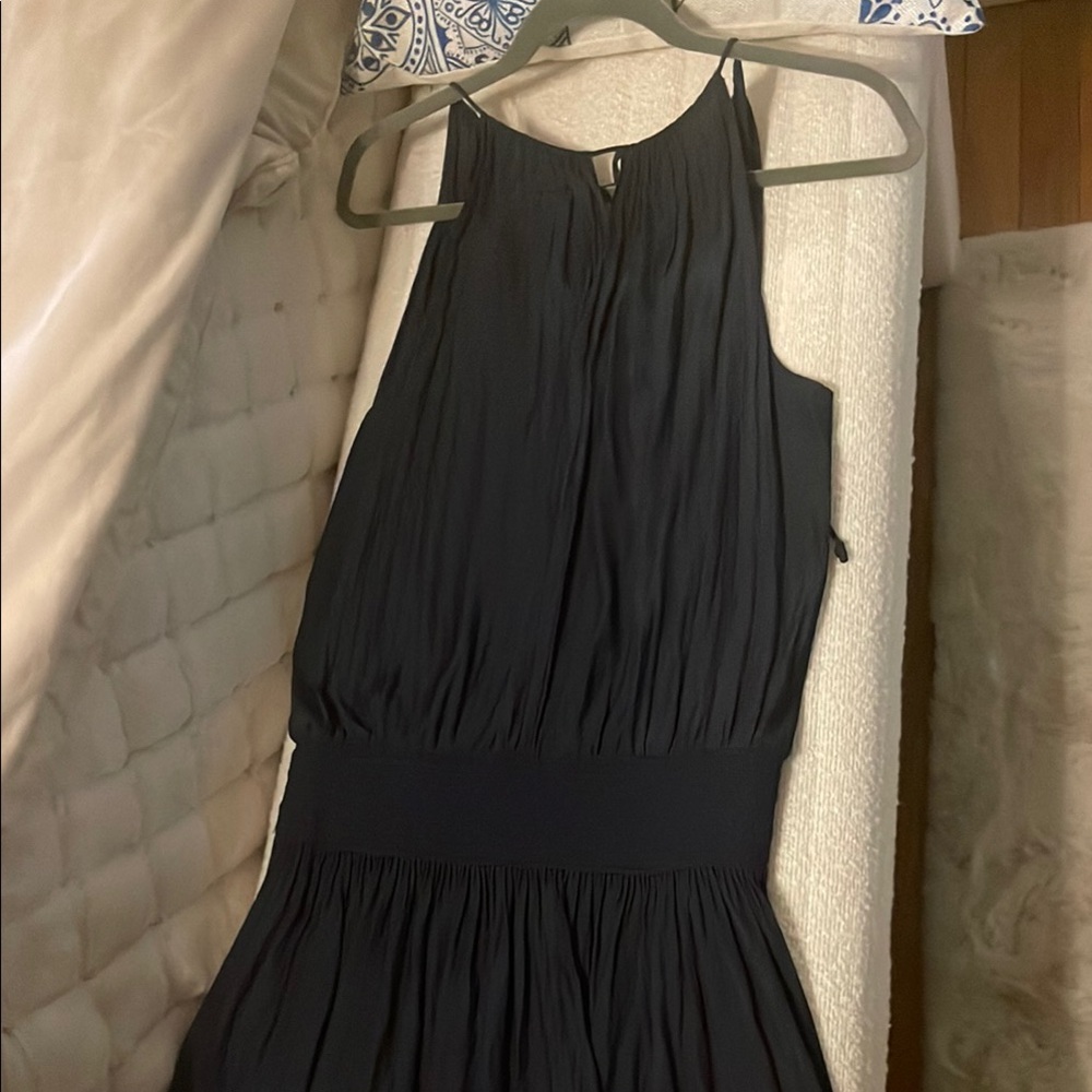Ramy Brook Blue navy Ruched Smocked Halter Cocktail Dress tie back.Drop waist